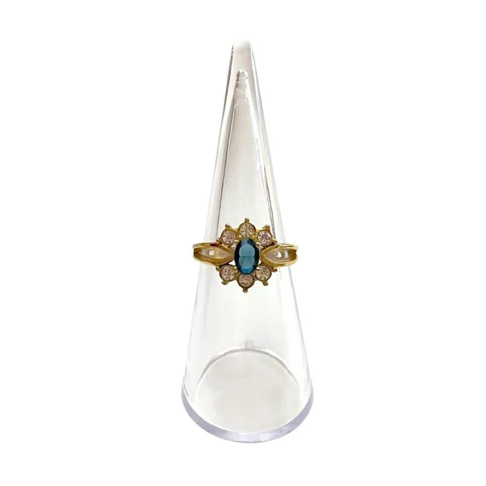Gold Tone Blue Rhinestone Cocktail Ring